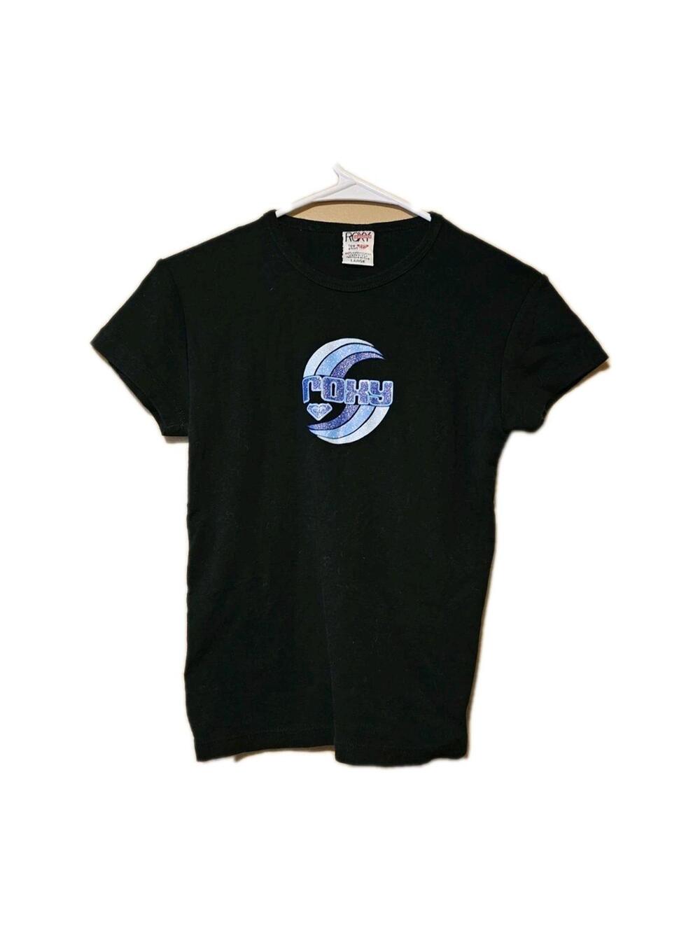 Roxy Quiksilver T Shirt Juniors Large Black Glitter Wave Logo Y2K USATransition